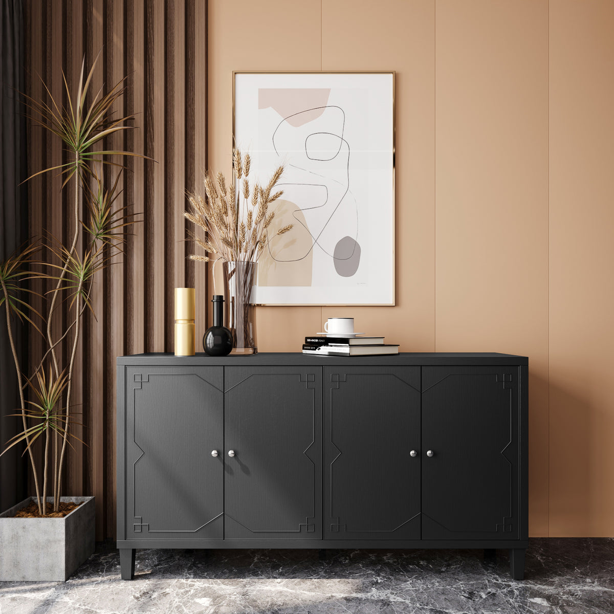 Accent Cabinet 4 Door Wooden Cabinet Sideboard Buffet Server Cabinet Storage Cabinet, for Living Room, Entryway, Hallway, Office, Kitchen and Dining Room, Matte Black W1435P153081-djyc