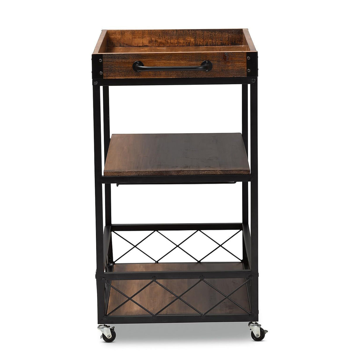 32.6'' Tall Industrial Style Rolling Kitchen Island Wine Cart with Black Finished, Fir Wood Mobile Metal Wine Bar Cart with Glass Rack, Oak Brown W2557P180163-djyc