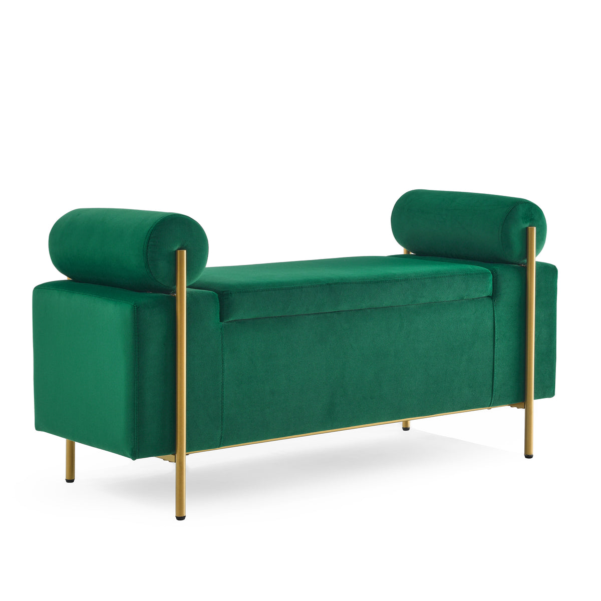 Elegant Upholstered Velvet Storage Bench with Cylindrical Arms and Iron Legs for Hallway Living Room Bedroom, Green W487128012-djyc