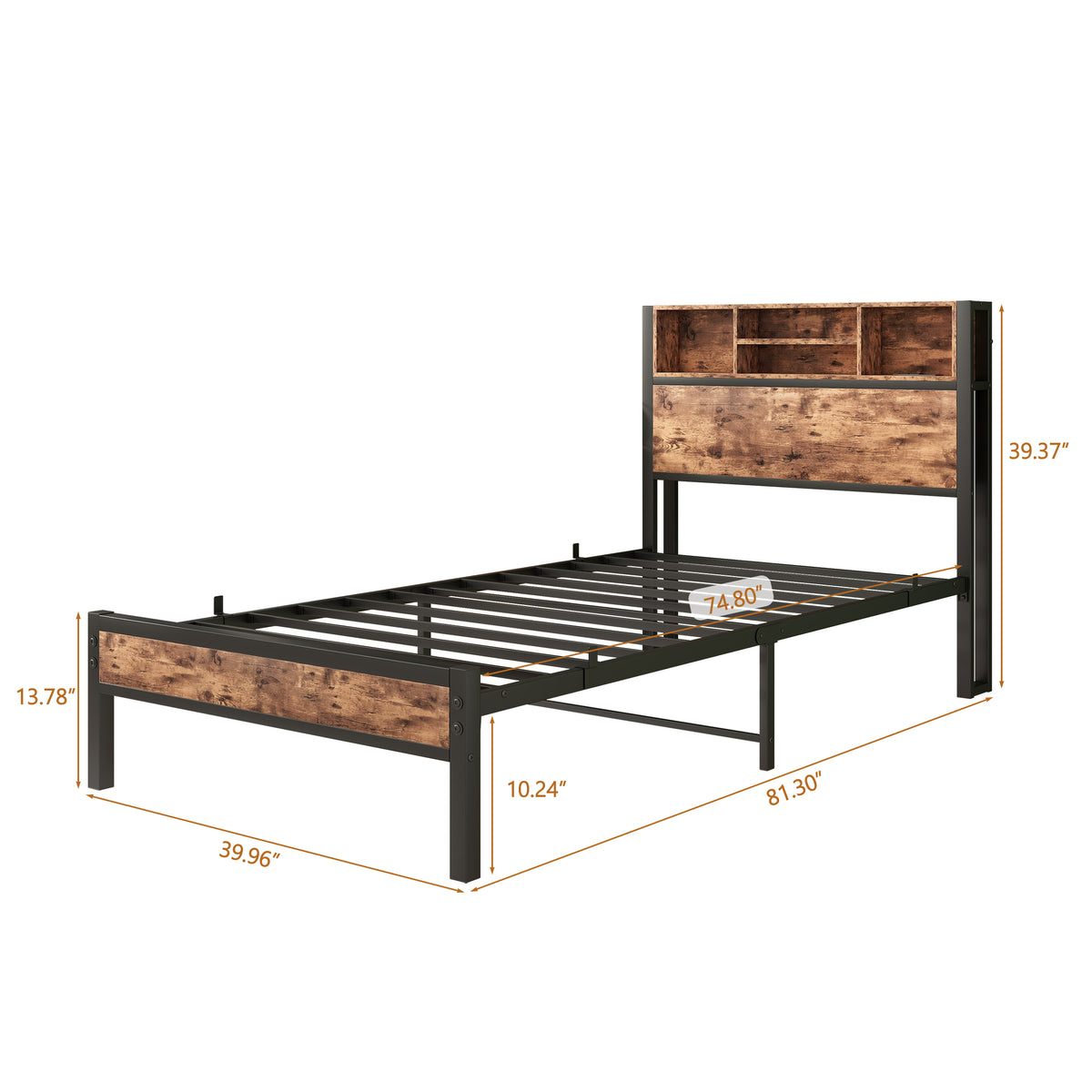 Twin Size Bed Frame with Storage Headboard, Metal Platform Bed with Charging Station,Bookcase Storage, No Box Spring Needed, Easy Assembly W840P192226-djyc