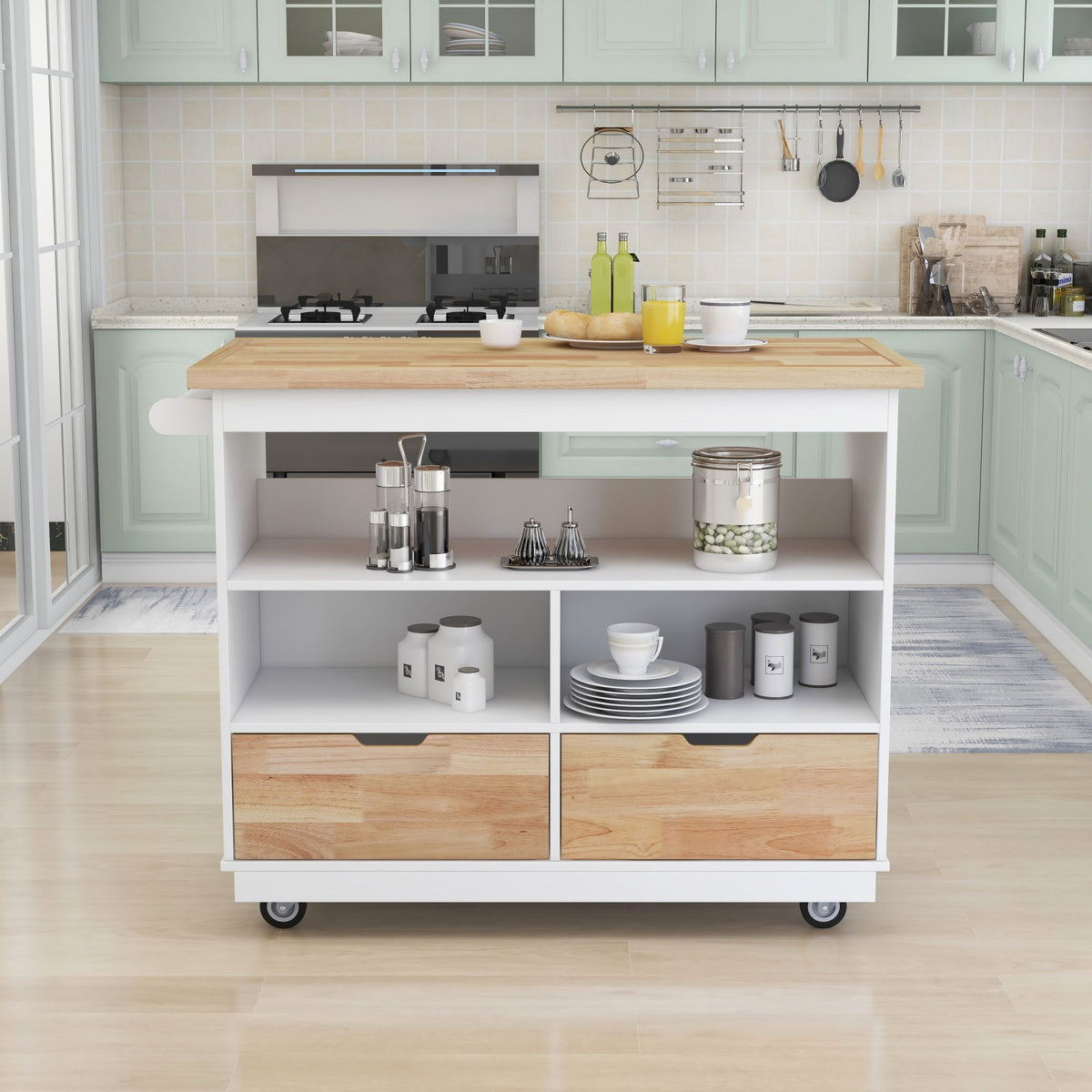 Rolling Kitchen Island with Storage, Two-sided Kitchen island Cart on Wheels with RubberWood Top,Wine and Spice Rack, Large Kitchen Cart with 2 Drawers, 3 Open Compartments, White WF318964AAW-djyc