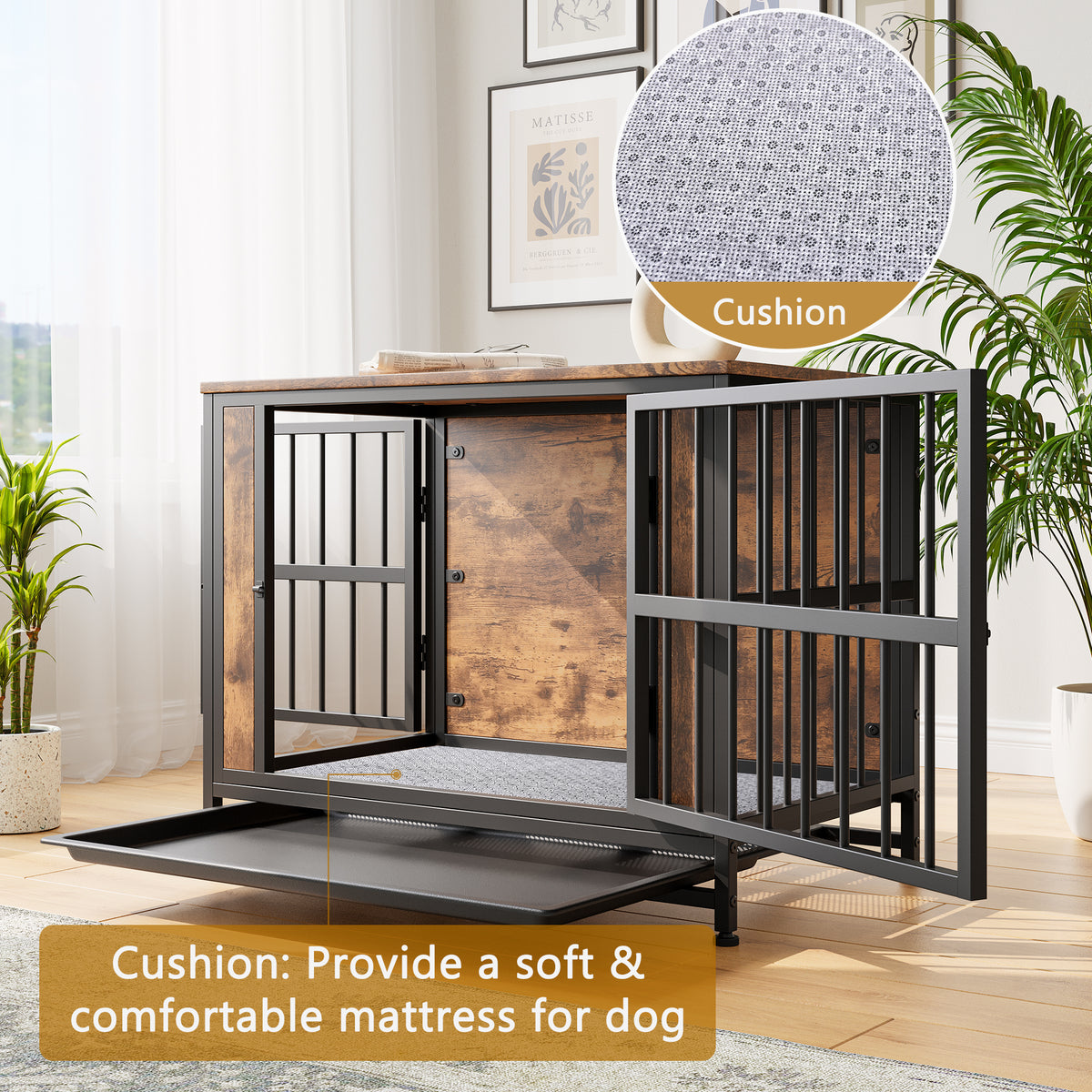 Dog Crate Furniture,Wooden Dog Crate Table, 32.8" Dog Kennel with 2 Sliding Doors and Thick Iron Door Frame, Decorative Pet Crate House for Medium/Small Dog Indoor Use(Rustic Brown) W840P203066-djyc