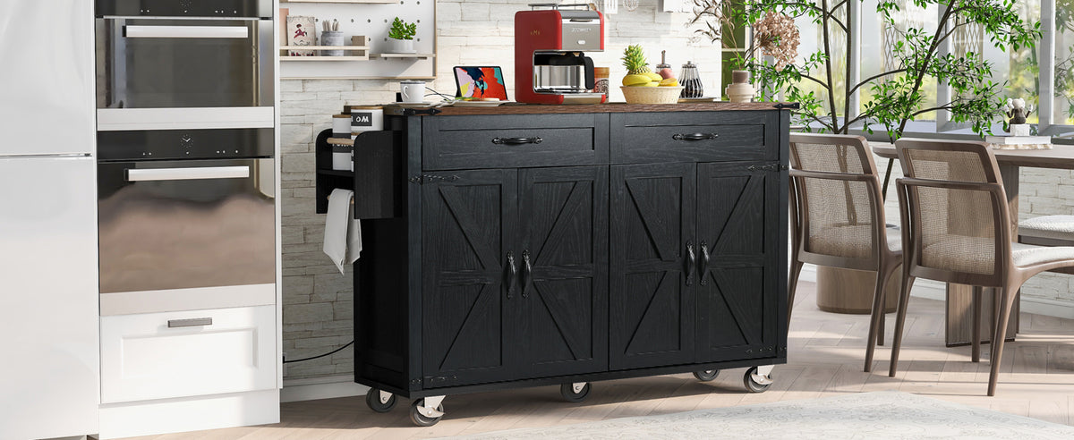 K&K 53.5''Farmhouse Kitchen Island with Power Outlet, Kitchen Storage Island with Drop Leaf, Spice Rack and Drawer, Rolling Kitchen Cart on Wheels, for Home, Kitchen and Dining Room, Black N707P170348B-djyc