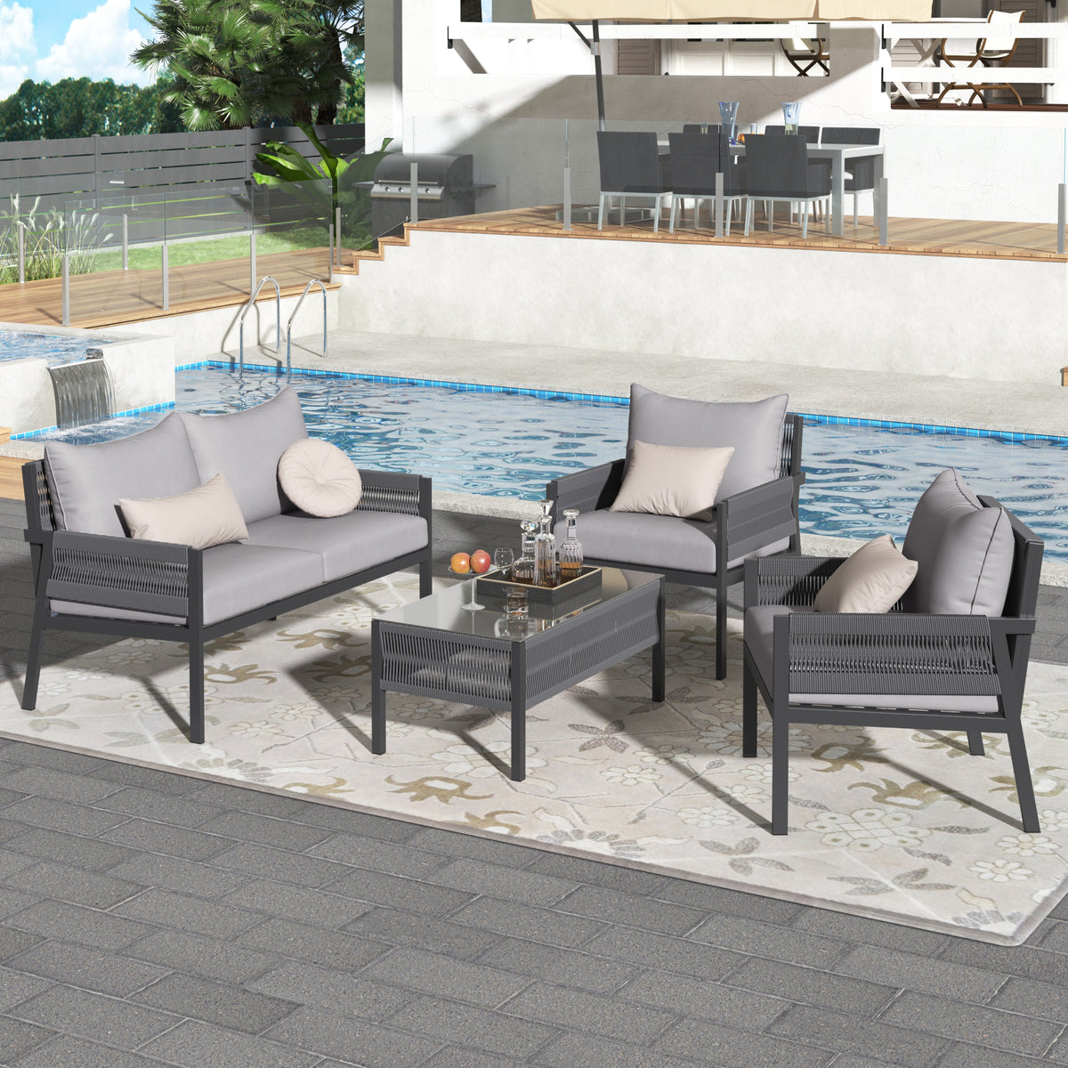 K&K 4-Piece Rope Patio Furniture Set, Outdoor Furniture with Tempered Glass Table, Patio Conversation Set Deep Seating with Thick Cushion for Backyard Porch Balcony (Grey) SK000003AAG-djyc