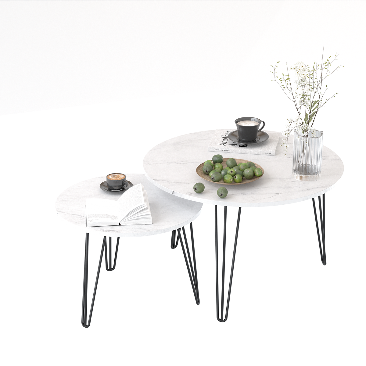 27.56'' Round Nesting Coffee Table Set of 2,Circular Nesting End Table Set, Round Marble Tabletop, and Sturdy Metal Base for Living Room, bedroom, White W808P176737-djyc