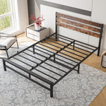 Queen Size Platform Bed Frame with Rustic Vintage Wood Headboard, Strong Metal Slats Support Mattress Foundation, No Box Spring Needed Rustic Brown W84084264-djyc