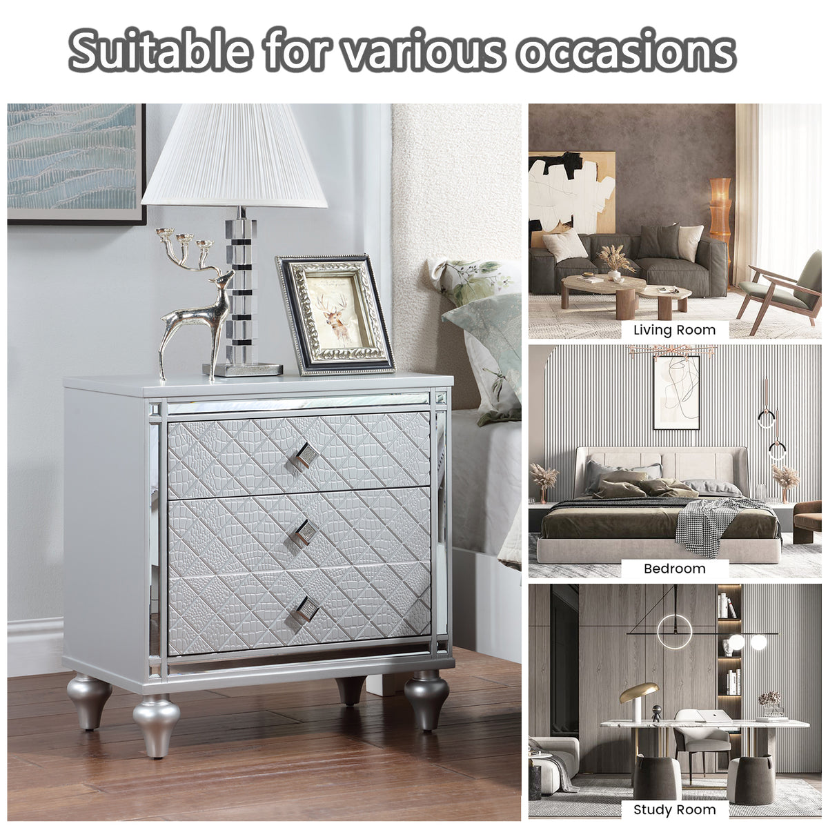 Contemporary Nightstands with mirror frame accents, Bedside Table with two drawers and one hidden drawer, End Table with Crystal Pull for Living Room,Bedroom, Silver W1998131731-djyc