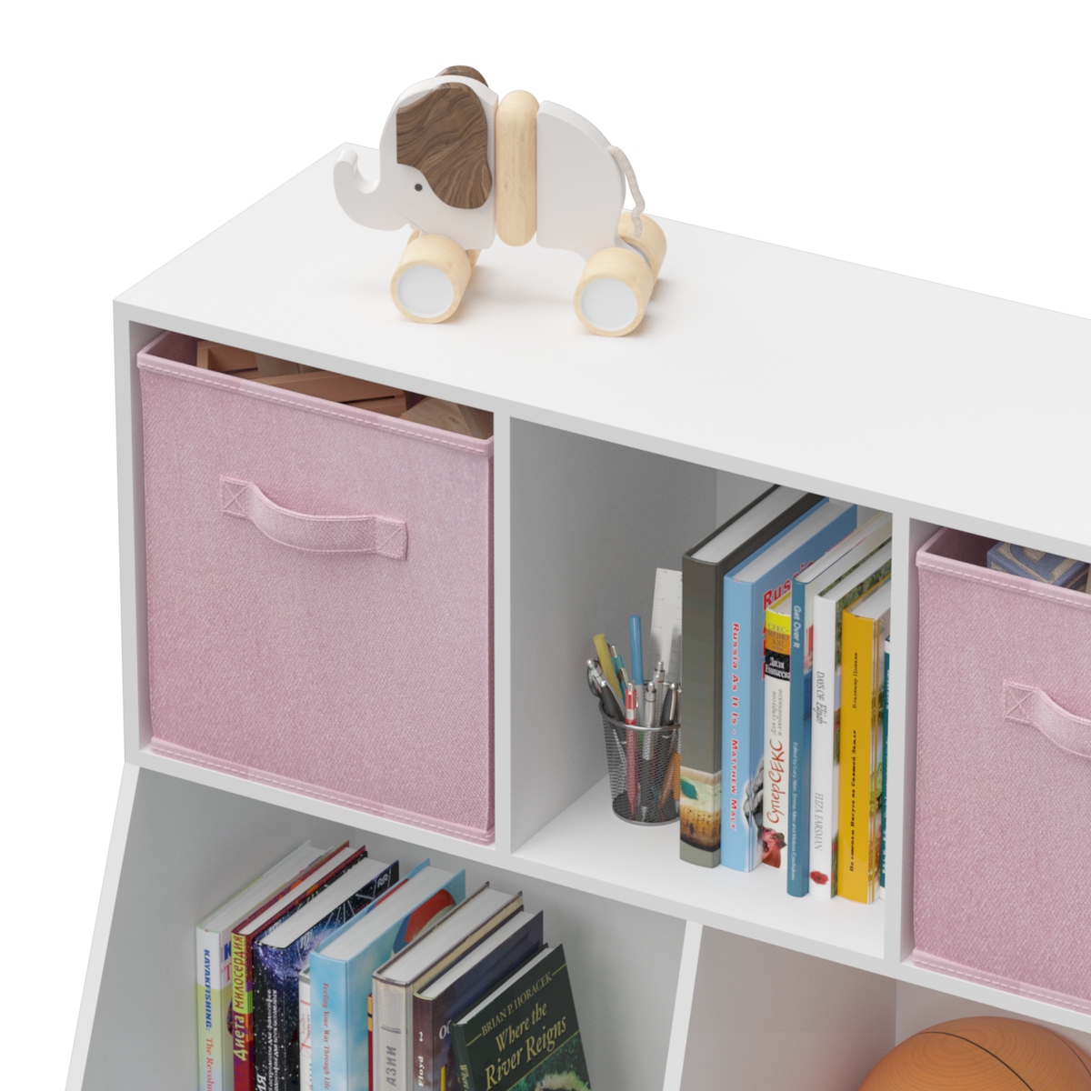 Kids Bookcase with Collapsible Fabric Drawers, Children's Toy Storage Cabinet for Playroom, Bedroom, Nursery, School, White/Pink W808119782-djyc