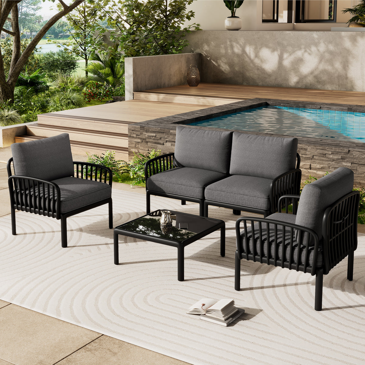 5 Piece Patio Conversation Sets, Modern Outdoor Patio Sectional Furniture Set with Square Coffee Table, Waterproof Thick Cushion Deep Seating for Porch, Balcony, Black & Dark Gray N780P19945449B-djyc