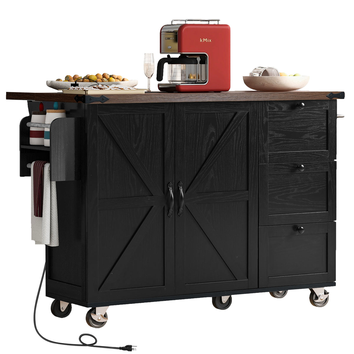 K&K 54.5" Farmhouse Kitchen Island with Power Outlet, Kitchen Storage Islandwith Internal Storage Rack, Drop Leaf, Spice Rack, Rolling Kitchen Cart on Wheels, for Home, Kitchen and Dining Room,Black N707P170349B-djyc