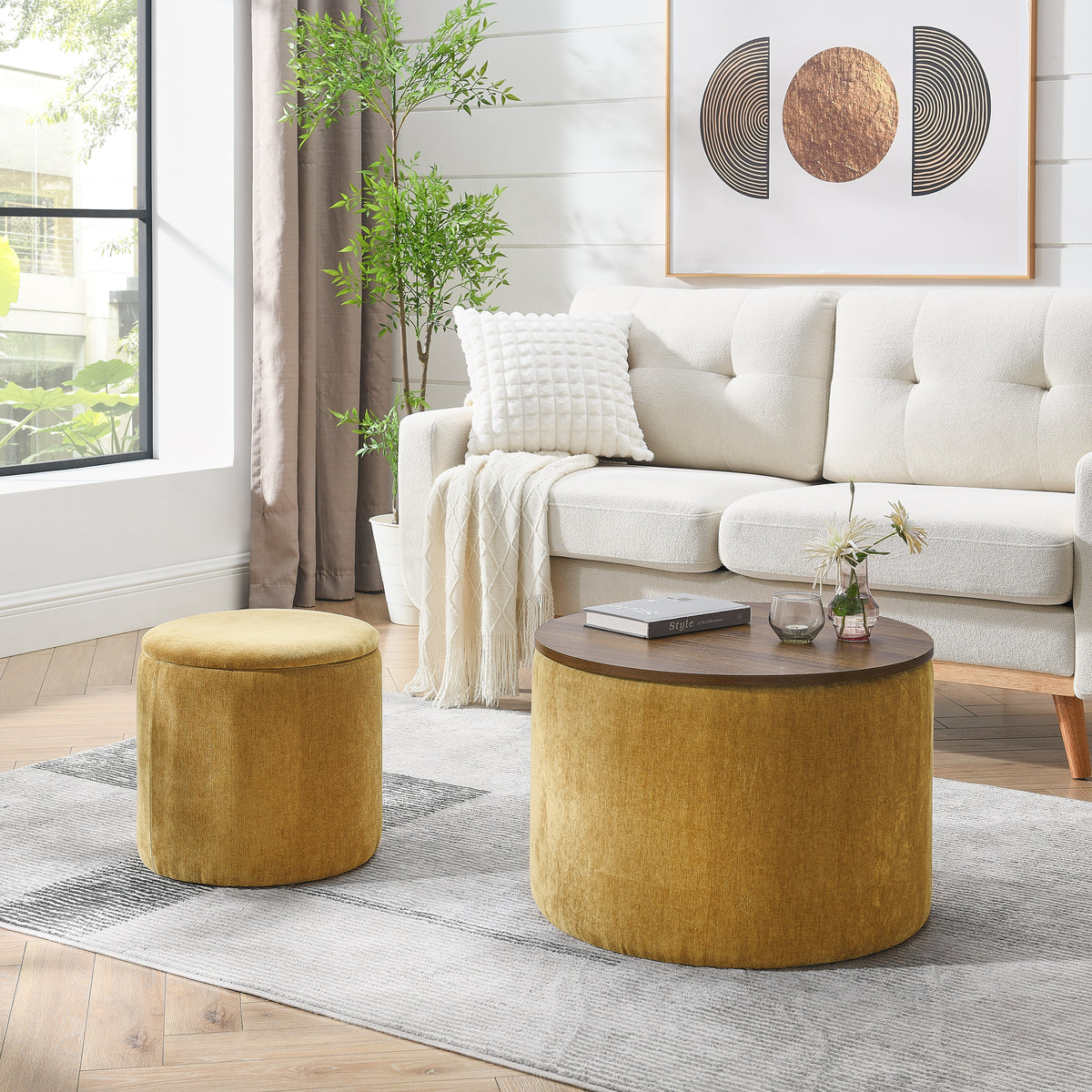 2-Piece Set Round Chenille Storage Ottoman, Equipped with a Drum Shaped Small Stool, Storage Space, and MDF Made Desktop Panel (Dark Yellow 23.62"x23.62"x16.53") W487P179602-djyc