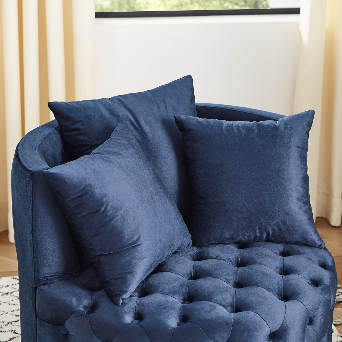 Velvet Upholstered Swivel Chair for Living Room, with Button Tufted Design and Movable Wheels, Including 3 Pillows, Blue W487124835-djyc