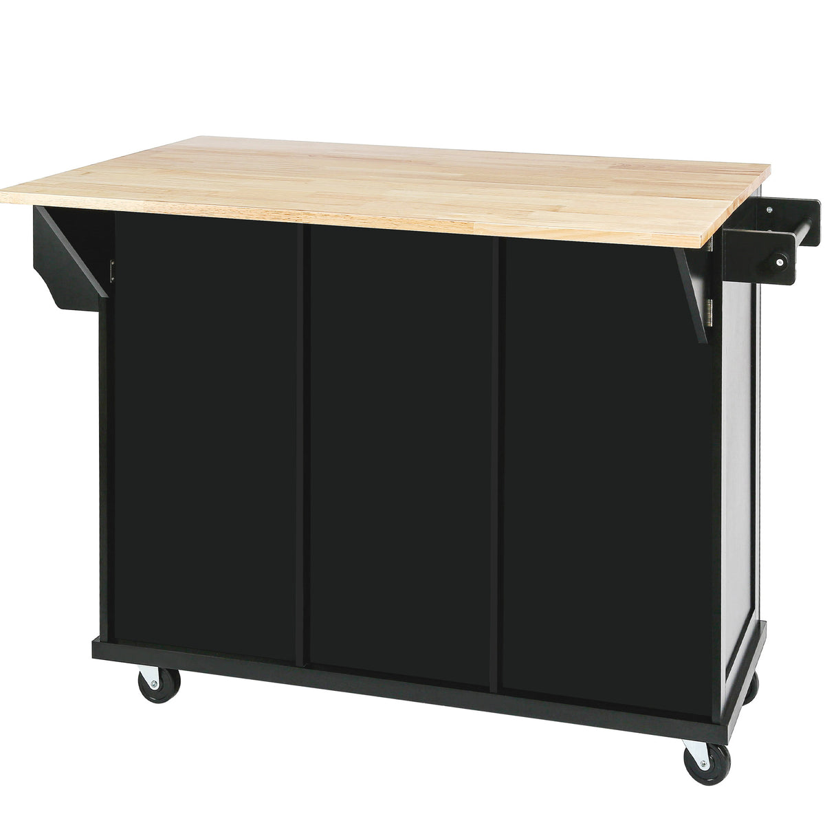 Kitchen Cart with Rubber wood Drop-Leaf Countertop ,Cabinet door internal storage racks,Kitchen Island on 5 Wheels with Storage Cabinet and 3 Drawers for Dinning Room, Black WF298028AAB-djyc