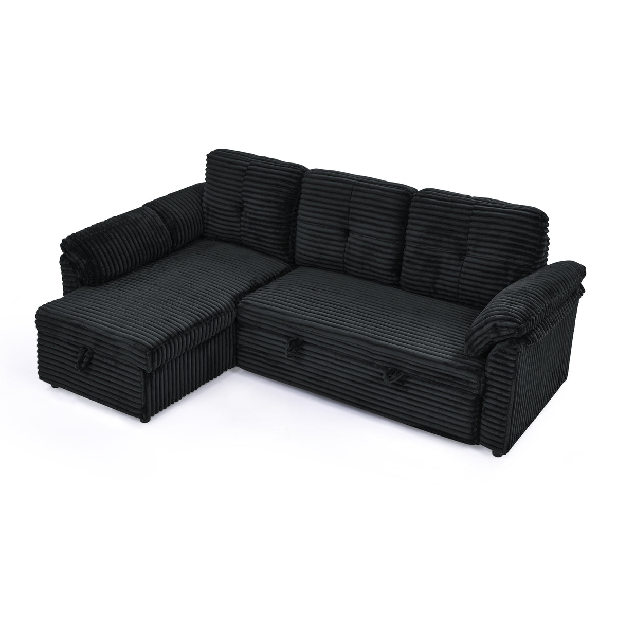 Corduroy Tufted Upholstered Sleeper Sectional Sofa, L-Shaped Modular Convertible Sofa with Reversible Storage Chaise, Pull Out Sleep Couch Bed and Reclining Backrest Perfect for Living Space, Black W487S00227-djyc