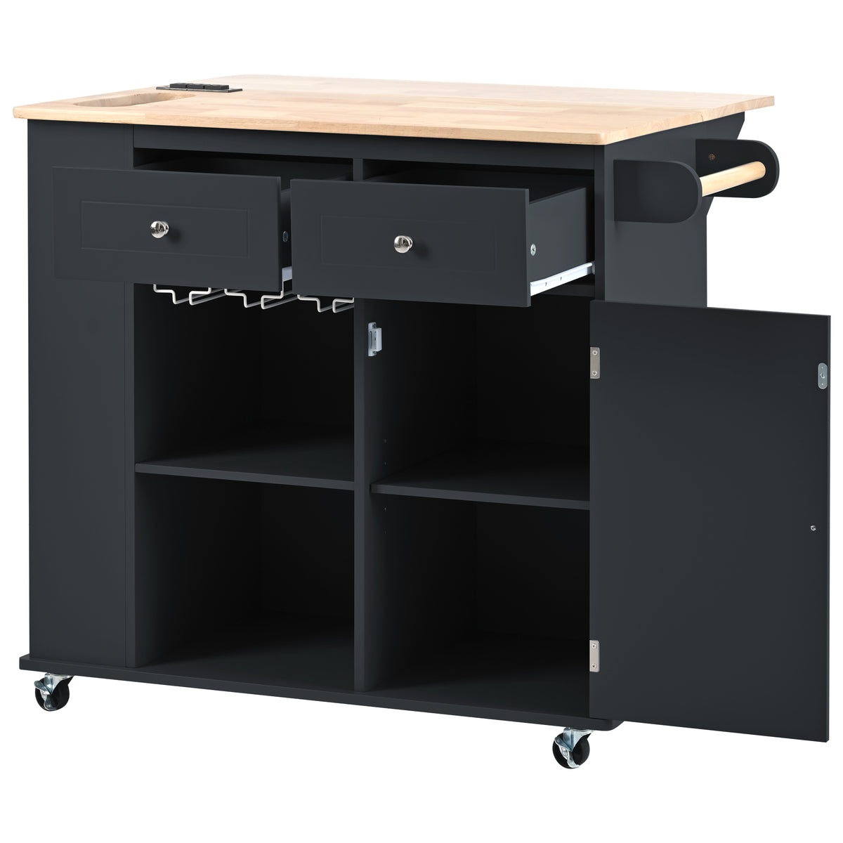 Kitchen Island with Power Outlet,Kitchen Storage Island with Drop Leaf and Rubber Wood,Open Storage and Wine Rack,5 Wheels,with Adjustable Storage for Home, Kitchen, and Dining Room, Black WF305556AAB-djyc