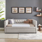 Daybed with Trundle Upholstered Tufted Sofa Bed, with Button and Copper Nail on Square Arms,Full Daybed & Twin Trundle, Beige(85"x57"x31.5") W487S00102-djyc