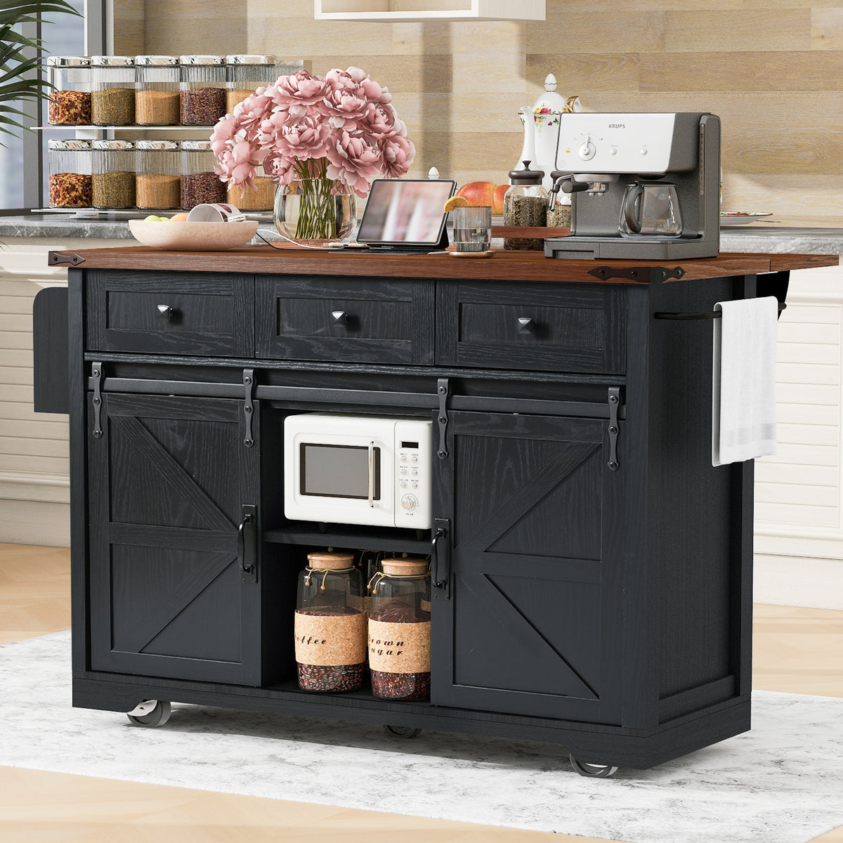 K&K 53.7" Farmhouse Kitchen Island with Power Outlet, 2 Sliding Barn Door Kitchen Storage Island with Drop Leaf, Spice Rack Rolling Kitchen Cart on Wheels, for Home, Kitchen and Dining Room, Black N707P170347B-djyc