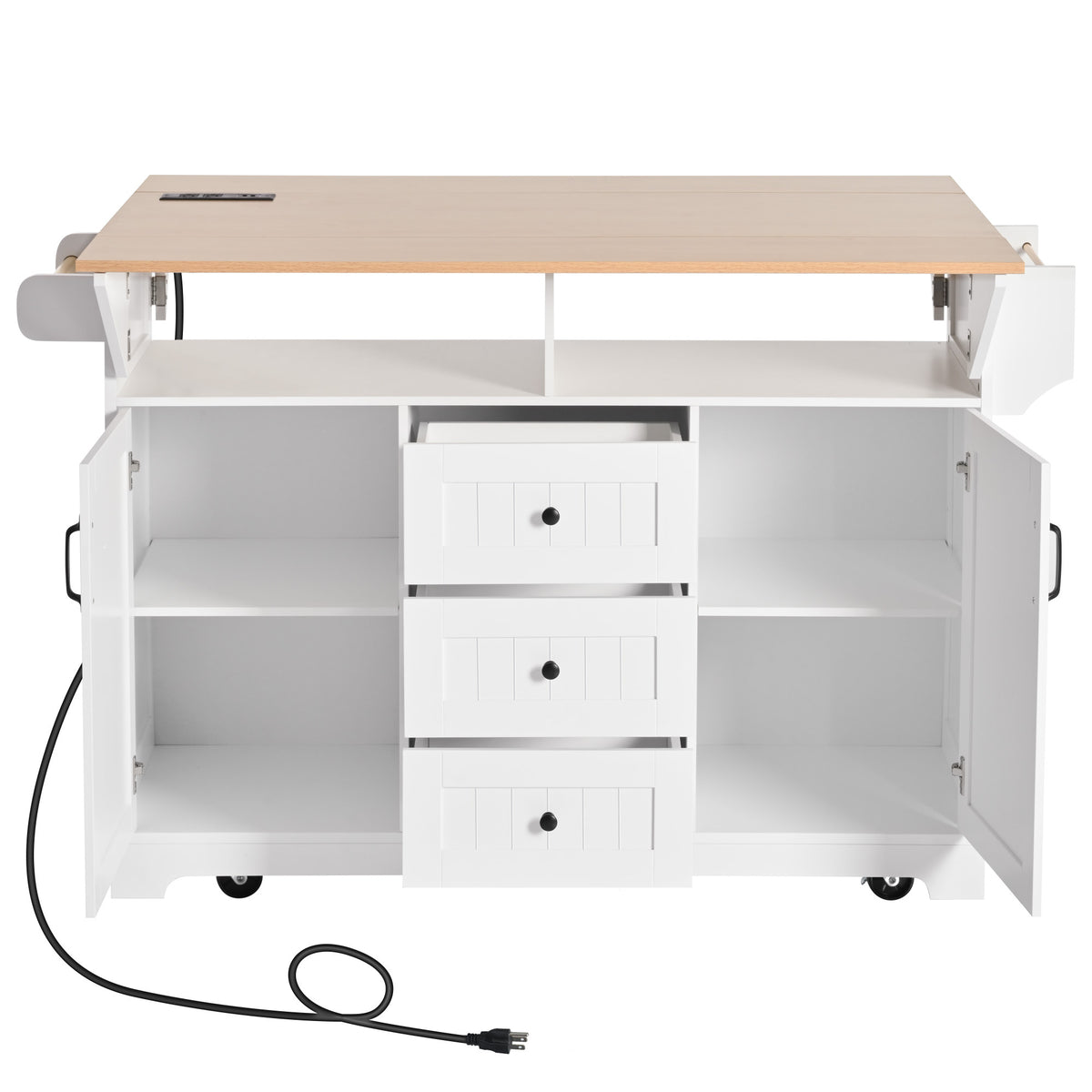 K&K 55.7'' Large Kitchen Island with 2 Drop Leaf,, Rolling Kitchen Cart on 5 Wheels with Power Outlet, Folding Storage Dining Table with Spice & Towel Rack , 3 Drawers, for Kitchen, Dining Room,White N707P186617W-djyc