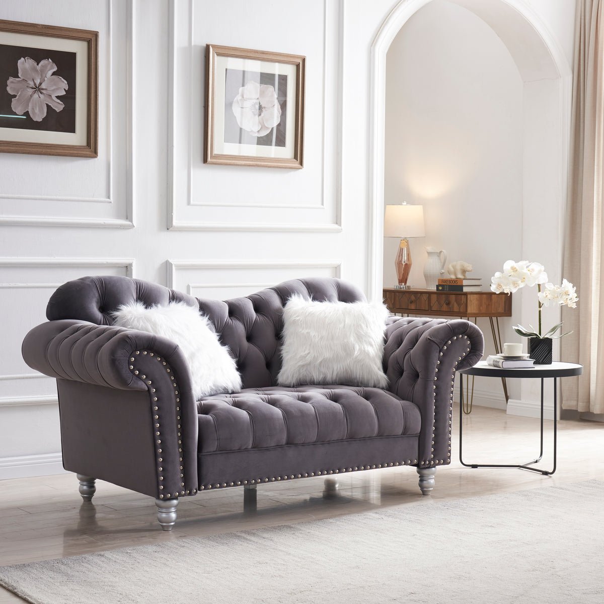 3 Piece Living Room Sofa Set, including 3-Seater Sofa, Loveseat and Sofa Chair, with Button and Copper Nail on Arms and Back, Five White Villose Pillow, Grey. W487S00050-djyc