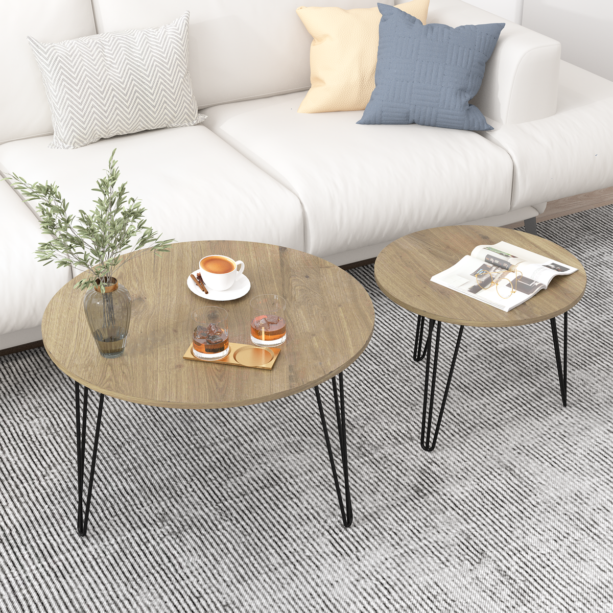 27.56'' Round Nesting Coffee Table Set of 2, Circular Nesting End Table Set, Round Wooden Tabletop, and Sturdy Metal Base for Living Room, bedroom, Brown W808P176732-djyc