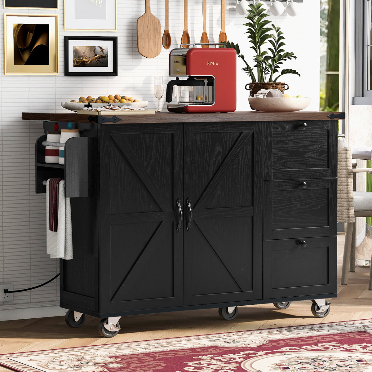 K&K 54.5" Farmhouse Kitchen Island with Power Outlet, Kitchen Storage Islandwith Internal Storage Rack, Drop Leaf, Spice Rack, Rolling Kitchen Cart on Wheels, for Home, Kitchen and Dining Room,Black N707P170349B-djyc