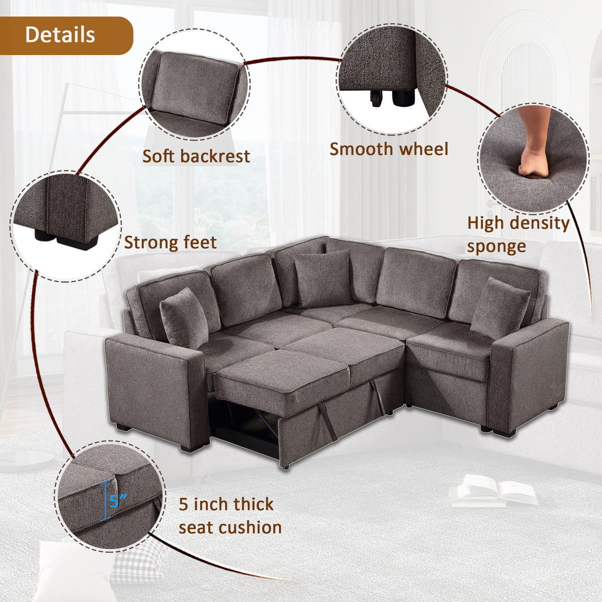 Modular Sofa, Sectional Couch L Shaped Sofa Couch with Pullout Sleeper, 5 Seat Chenille Corner Sofa for Living Room, 3 Pillows Included, Light Brown W1998S00053-djyc