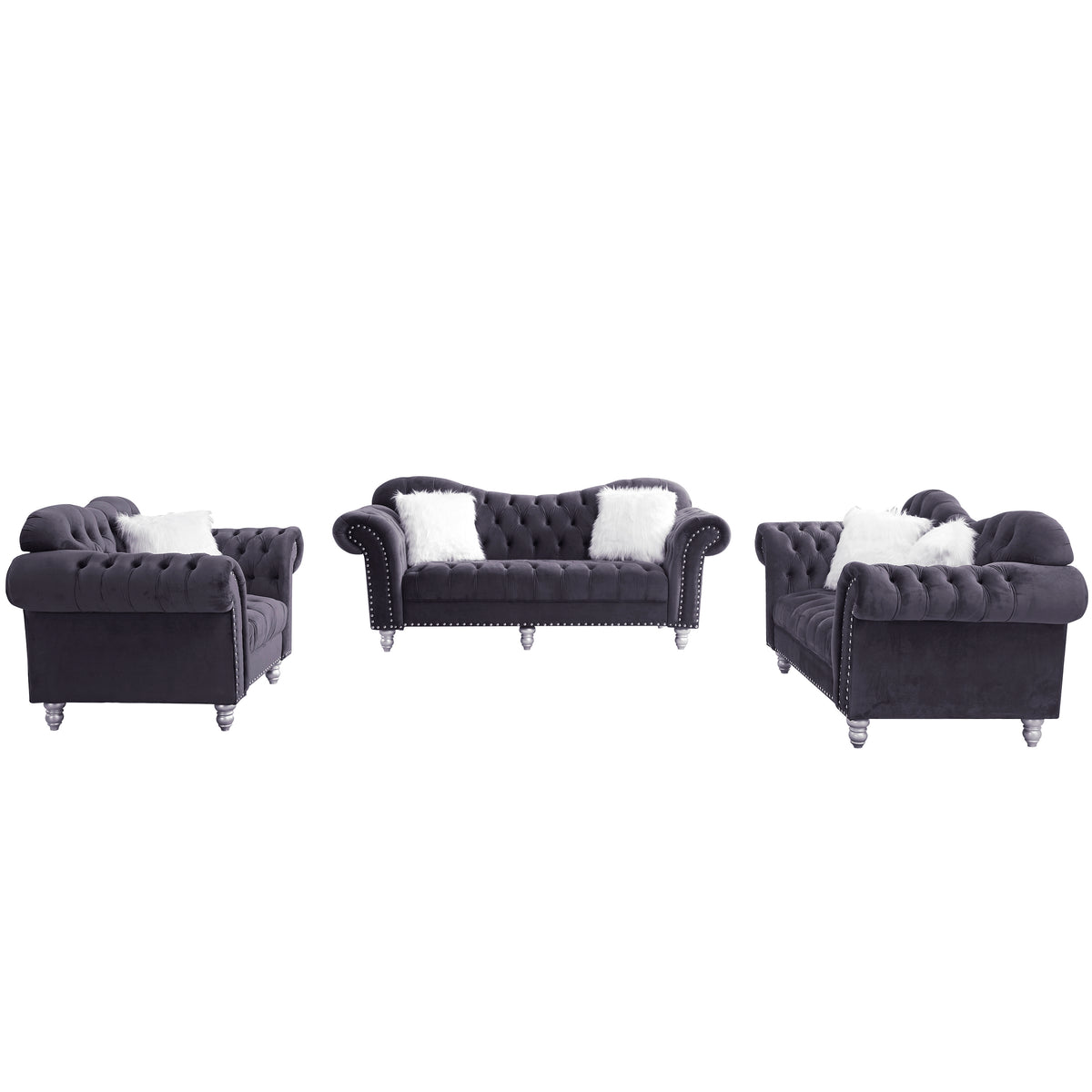 3 Piece Living Room Sofa Set, including 3-Seater Sofa, Loveseat and Sofa Chair, with Button and Copper Nail on Arms and Back, Five White Villose Pillow, Grey. W487S00050-djyc