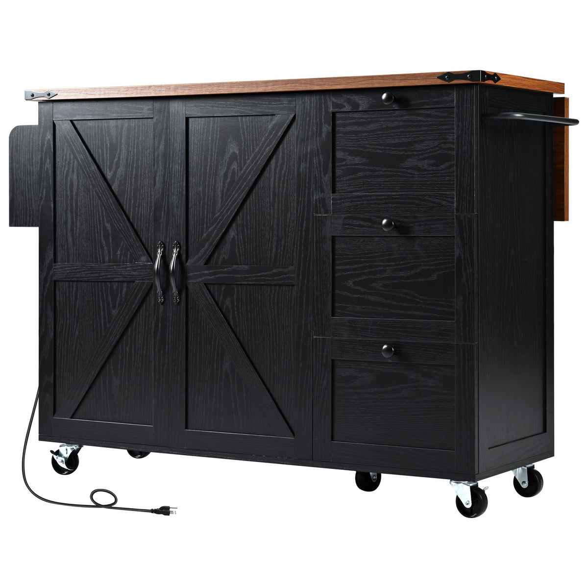 K&K 54.5" Farmhouse Kitchen Island with Power Outlet, Kitchen Storage Islandwith Internal Storage Rack, Drop Leaf, Spice Rack, Rolling Kitchen Cart on Wheels, for Home, Kitchen and Dining Room,Black N707P170349B-djyc