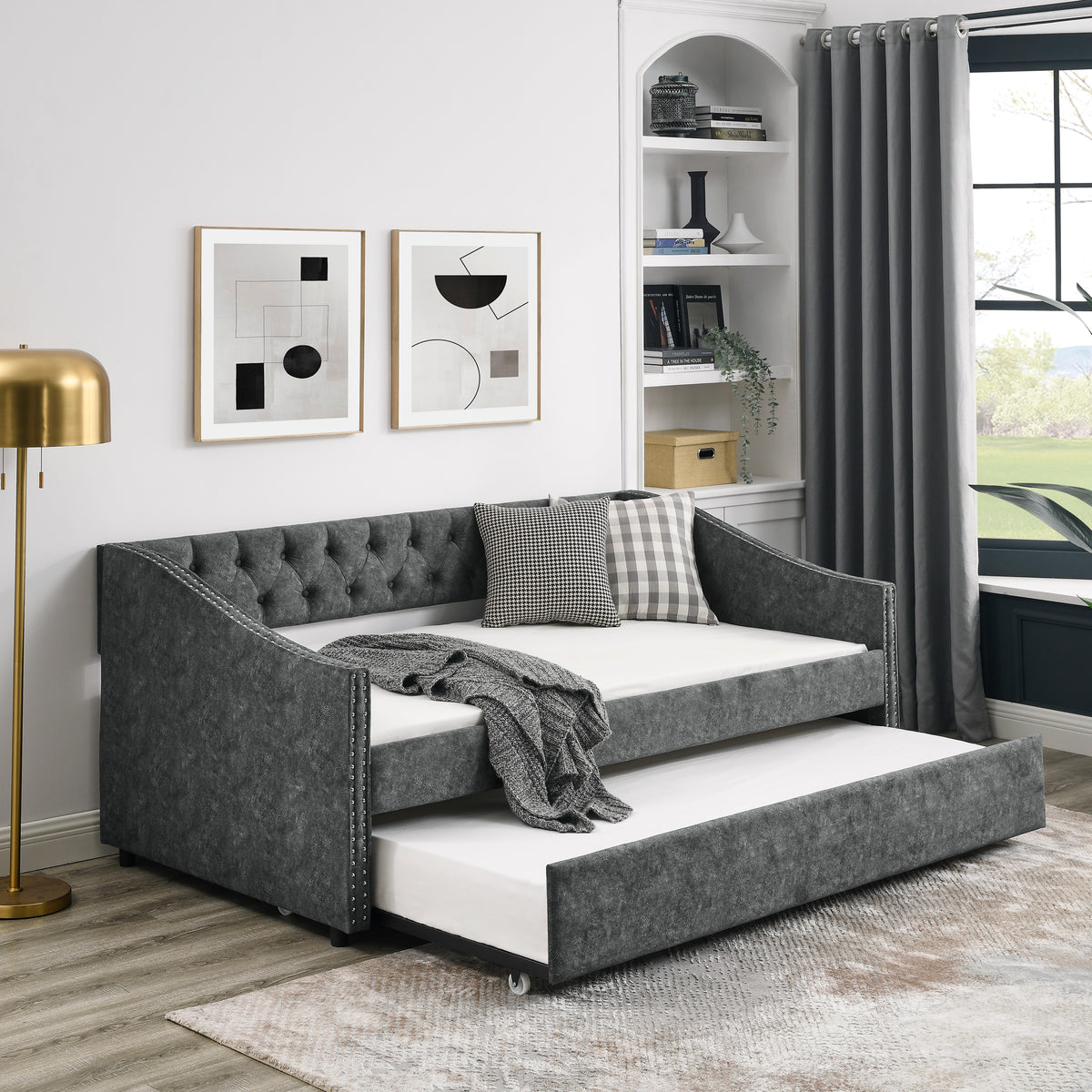 Twin Size Daybed with Twin Size Trundle Upholstered Tufted Sofa Bed, with Button on Back and Copper Nail on Waved Shape Arms, Grey (80.5'x41'x30.5') W1413S00005-djyc