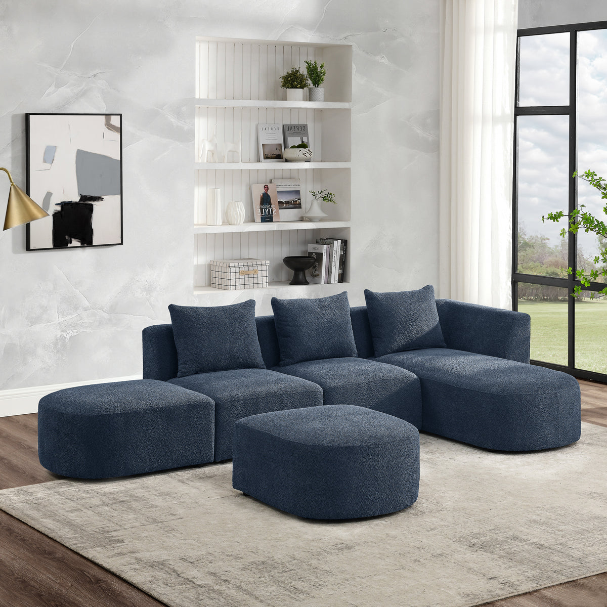 L Shape Sectional Sofa with Right Side Chaise and Ottoman, Modular Sofa, DIY Combination, Loop Yarn Fabric, Navy W487S00161-djyc