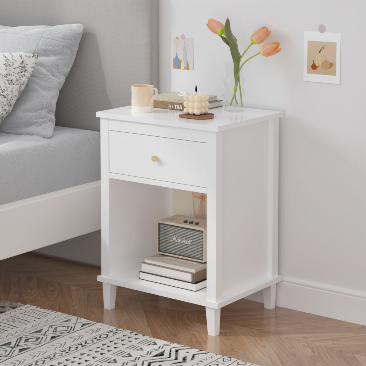 26.77''H Wooden Nightstand with One Drawer One Shelf for Kids, Adults, White W80859138-djyc