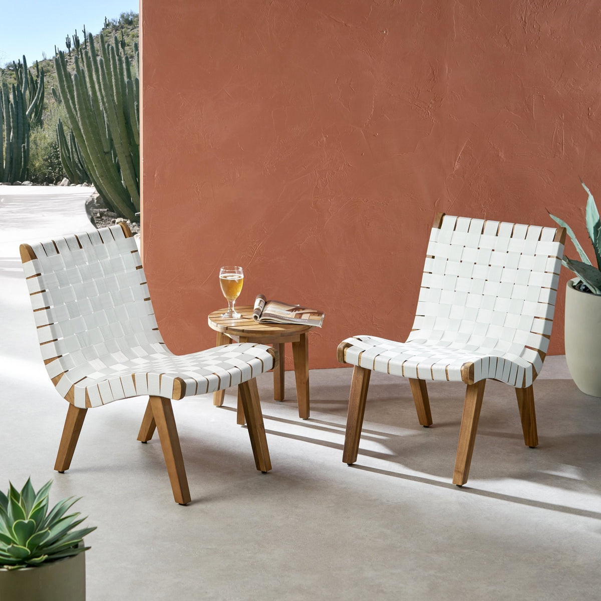 Outdoor Acacia Wood and Rope Weave 3 Piece Chat Set, White and Teak 70913.00WHI2_62266.00-djyc