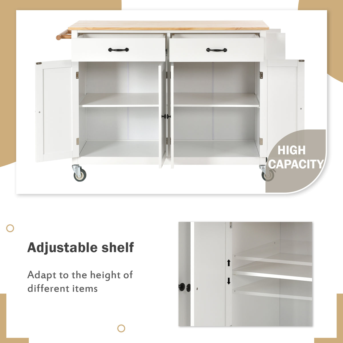 Kitchen Island Cart with Solid Wood Top and Locking Wheels,54.3 Inch Width,4 Door Cabinet and Two Drawers,Spice Rack, Towel Rack (White) WF286911AAW-djyc