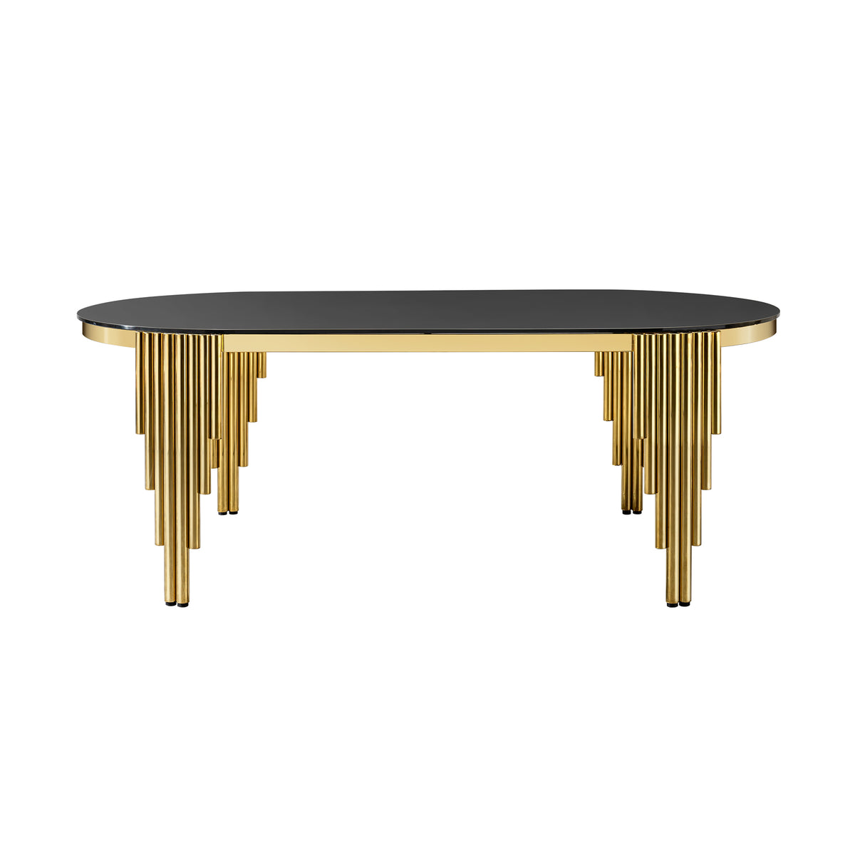 79.53" Black Glass Top oval Dining Table with gold stainless Steel Base for 8 seats W2723S00002-djyc