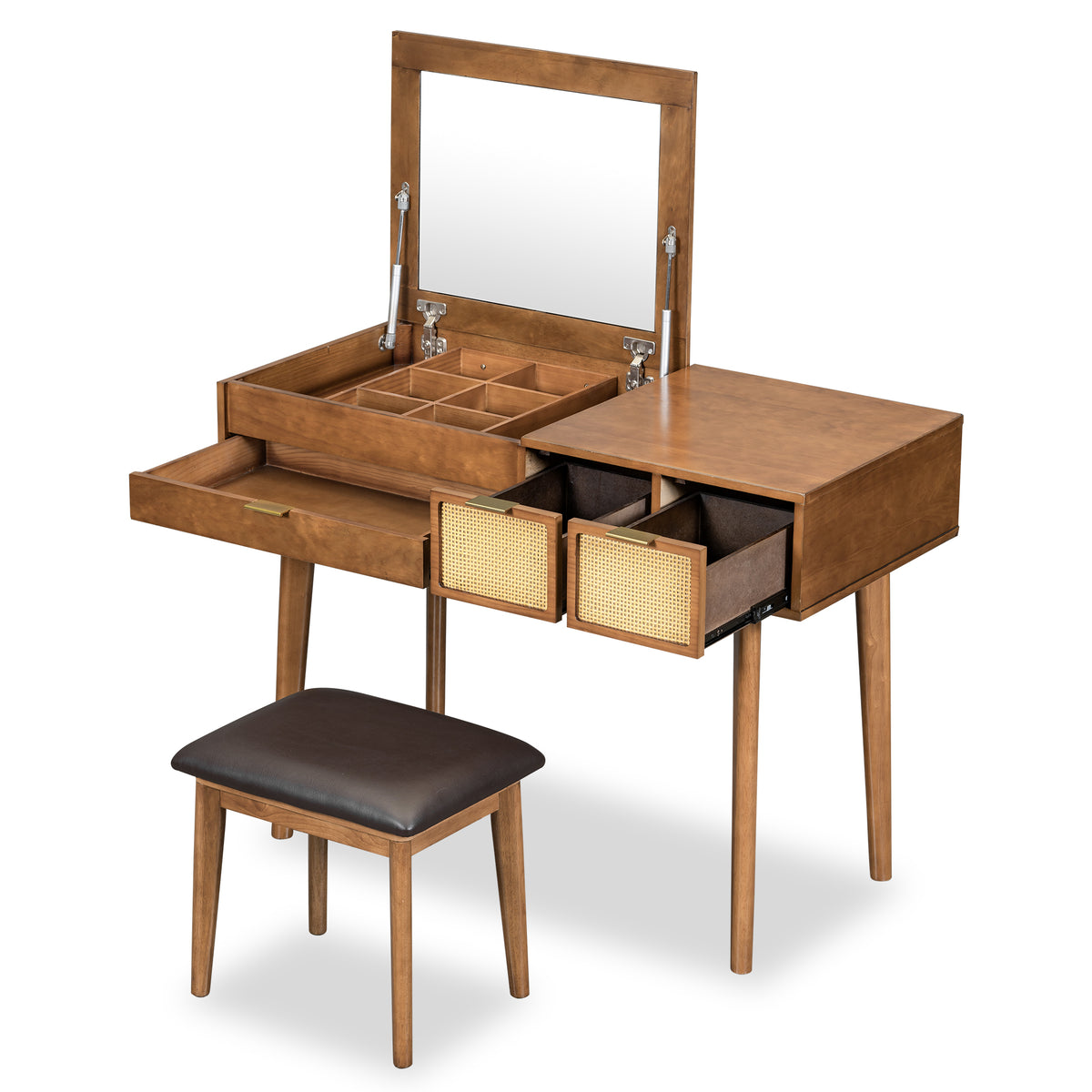 43.3" Classic Wood Makeup Vanity Set with Flip-top Mirror and Stool, Dressing Table with Three Drawers and storage space, Brown N704P165645-djyc