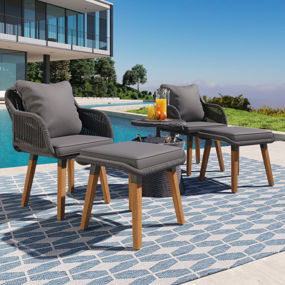 K&K 5 Pieces Patio Furniture Chair Sets, Patio Conversation Set With Wicker Cool Bar Table, Ottomans,Outdoor Furniture Bistro Sets for Porch,Backyard,Balcony,Poolside Grey WF324995AAG-djyc