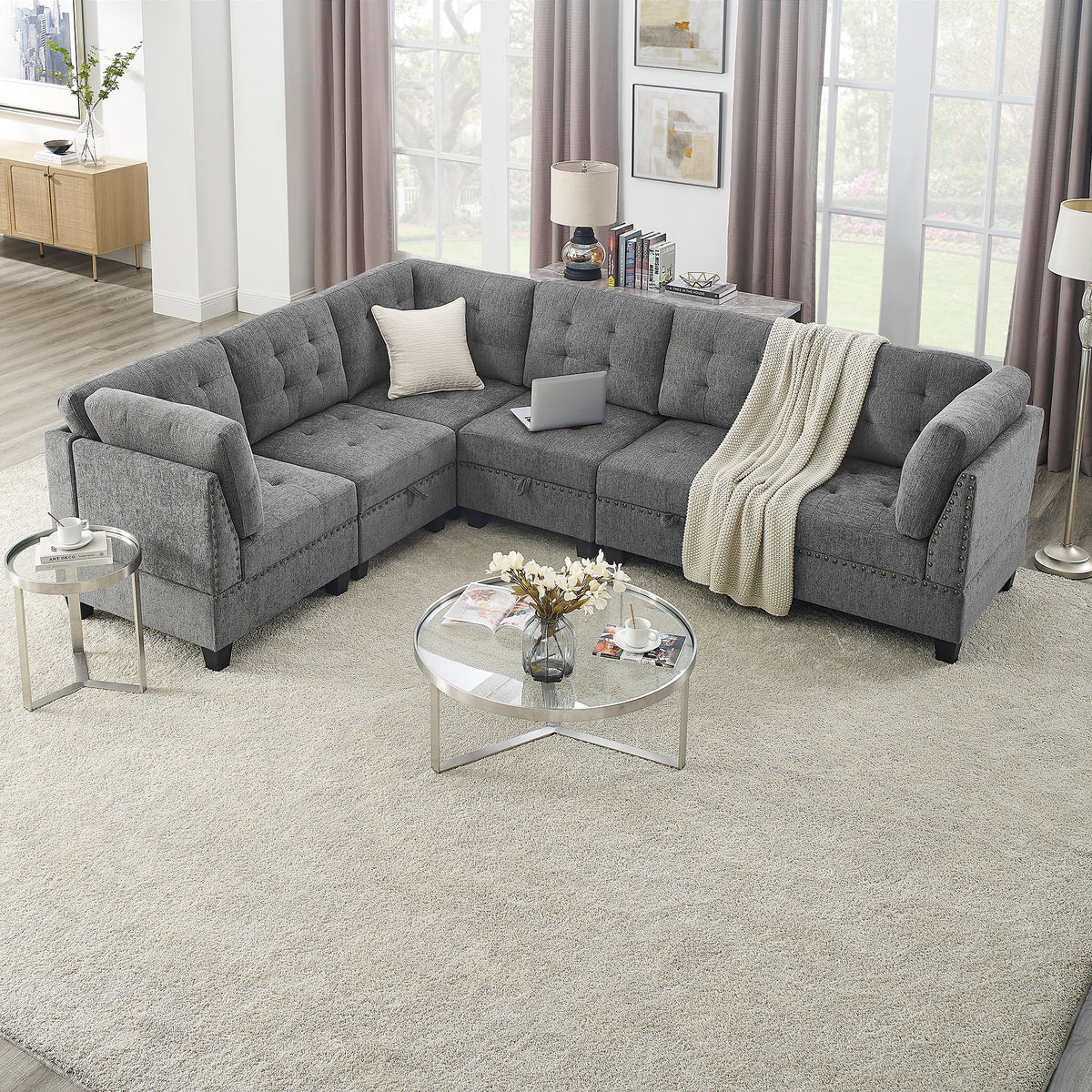 L shape Modular Sectional Sofa,DIY Combination,includes Three Single Chair and Three Corner ,Grey Chenille W487S00202-djyc