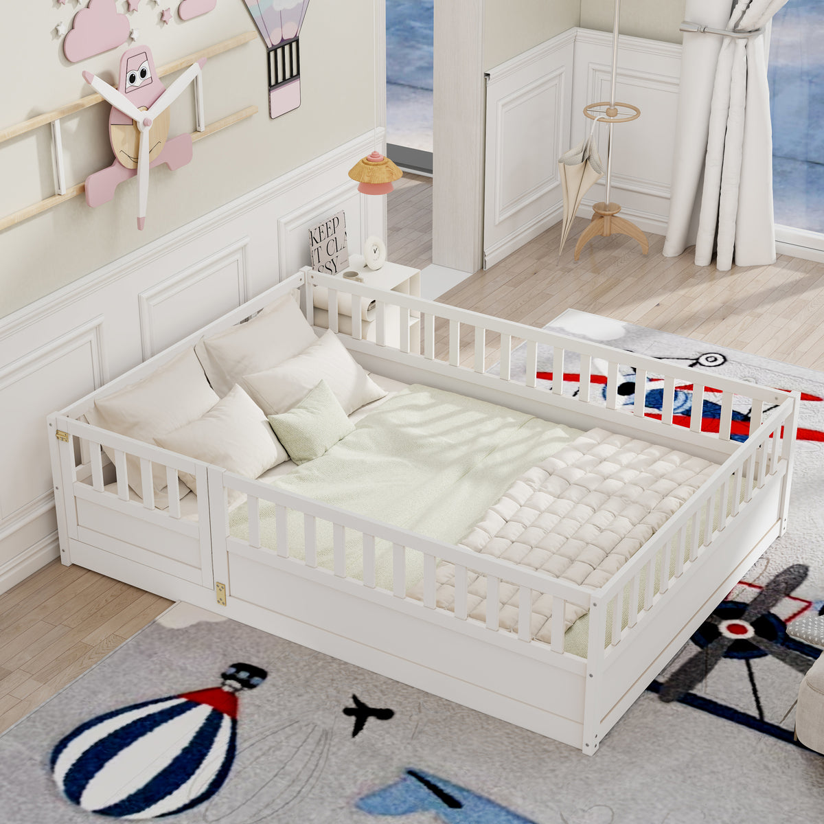 Full sizeFloor bed, integral construction with super high security barrier, door, children's floor bed frame, Montessori wooden children's floor bed, Support slat white W1858P164943-djyc