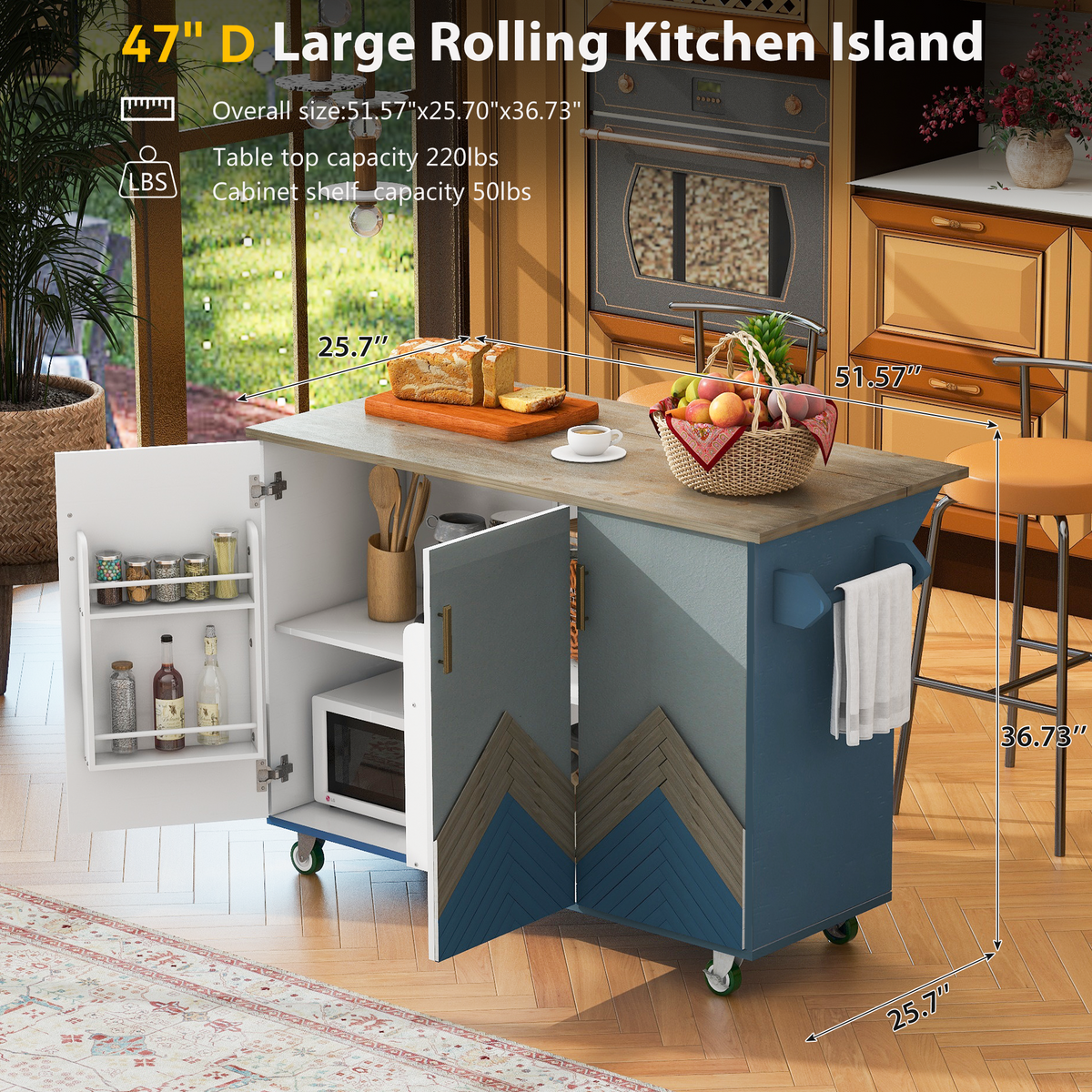 Retro Mountain Wood 47"D Kitchen Island with Drop Leaf, Accent Cabinet with Internal Storage Rack, Farmhouse Rolling Kitchen Cart on Wheels for Living Room, Kitchen, Dining Room (Navy Blue) WF315658AAG-djyc