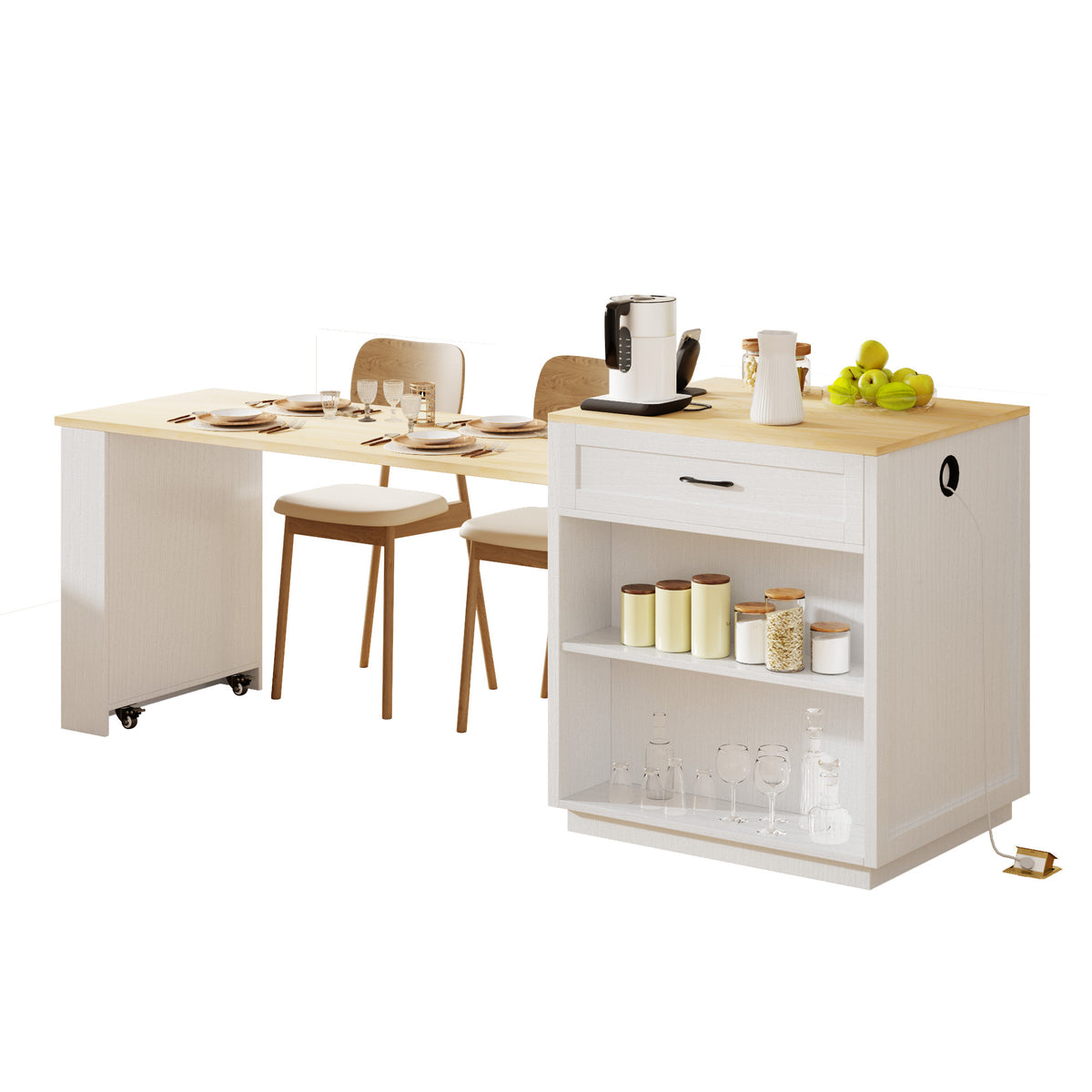 K&K 82.7 inch Kitchen Island with Extendable Dining Table for 4-6 Person,Two-tone Kitchen Table with Double-sized Storage, Power Outlet, Kitchen island with Storage 2 Drawers 2 Side Open Shelves,White N707S000010W-djyc