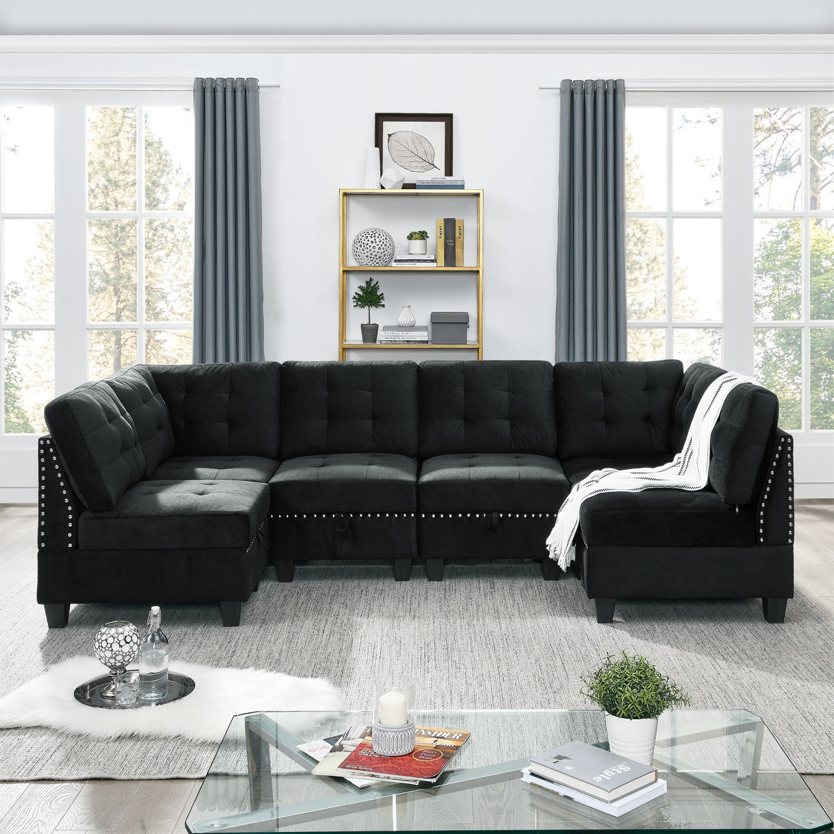 U shape Modular Sectional Sofa,DIY Combination,includes Four Single Chair and Two Corner,Black Velvet. W487S00062-djyc