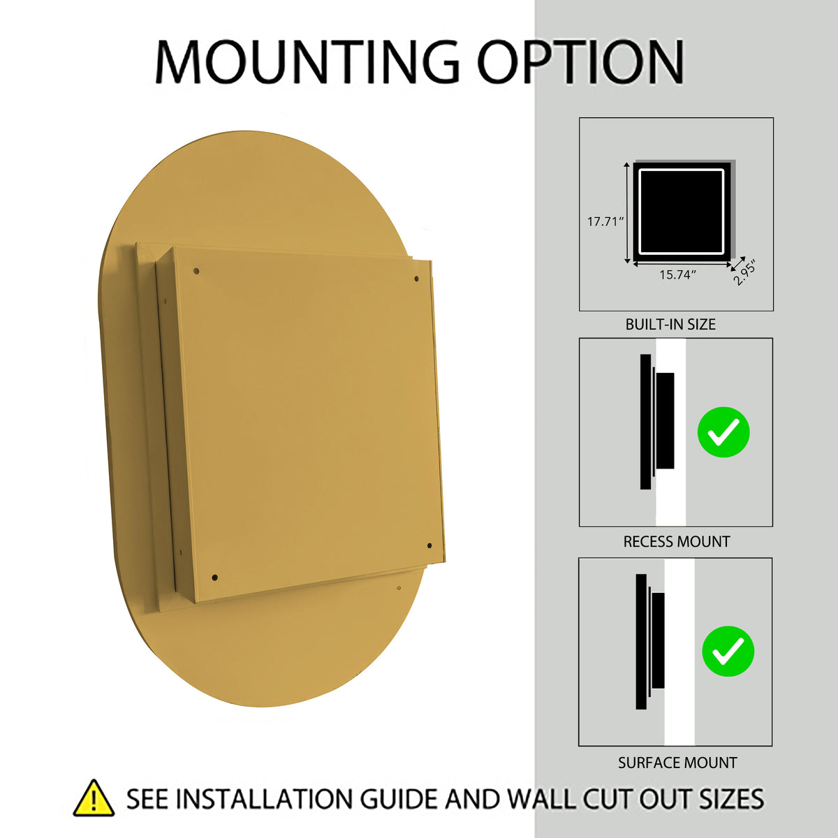 20x34 Inch Oval Recessed Medicine Cabinet, Metal Framed Bathroom Wall Cabinet with Mirror and Adjustable Shelves, Wall Mirror with Storage for Bathroom, Matte Gold W1435P210490-djyc