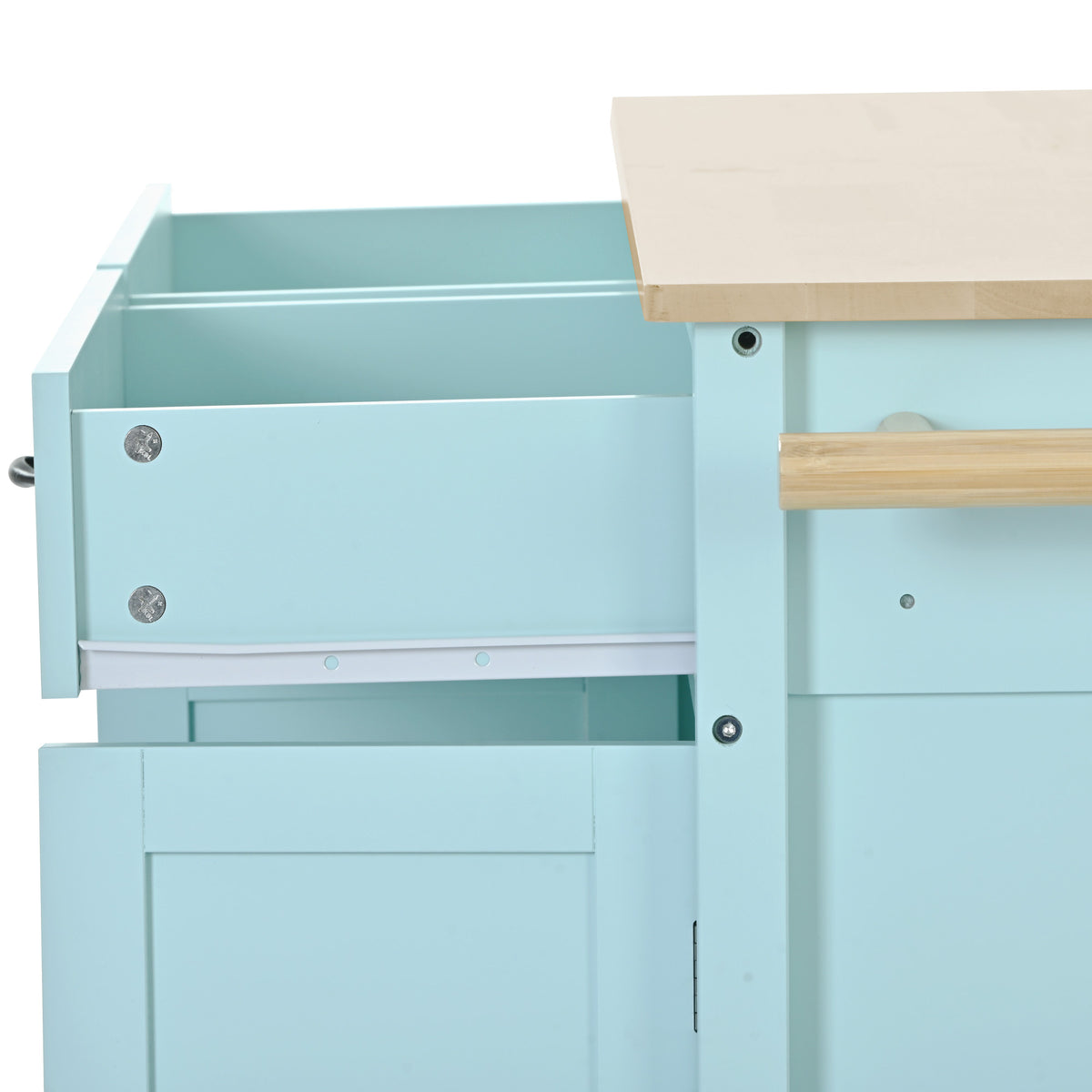 Kitchen Island Cart with 4 Door Cabinet and Two Drawers and 2 Locking Wheels - Solid Wood Top, Adjustable Shelves, Spice & Towel Rack(Mint Green) WF286911AAN-djyc