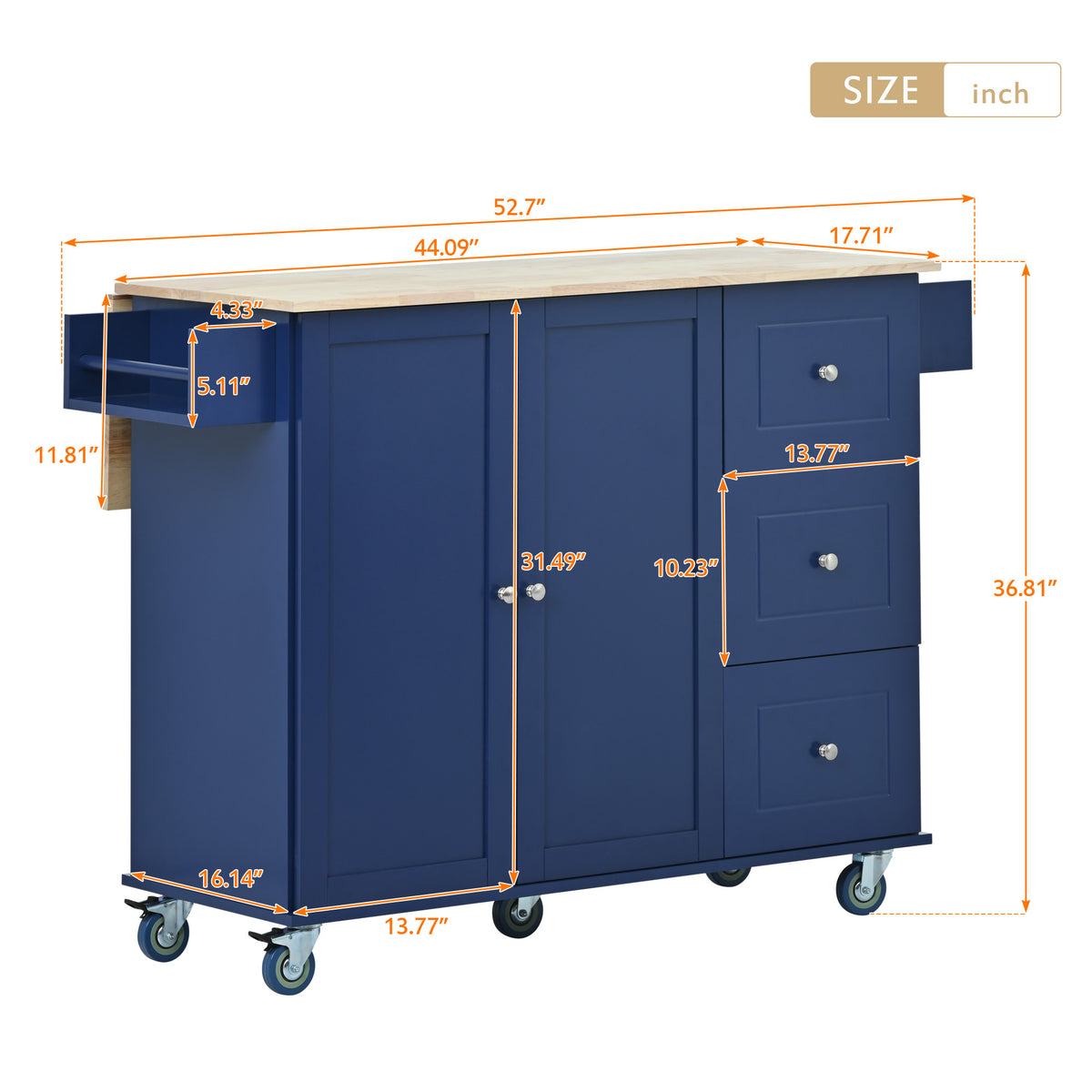 Rolling Mobile Kitchen Island with Drop Leaf - Solid Wood Top, Locking Wheels & Storage Cabinet 52.7 Inch Width(Dark blue) WF287035AAN-djyc