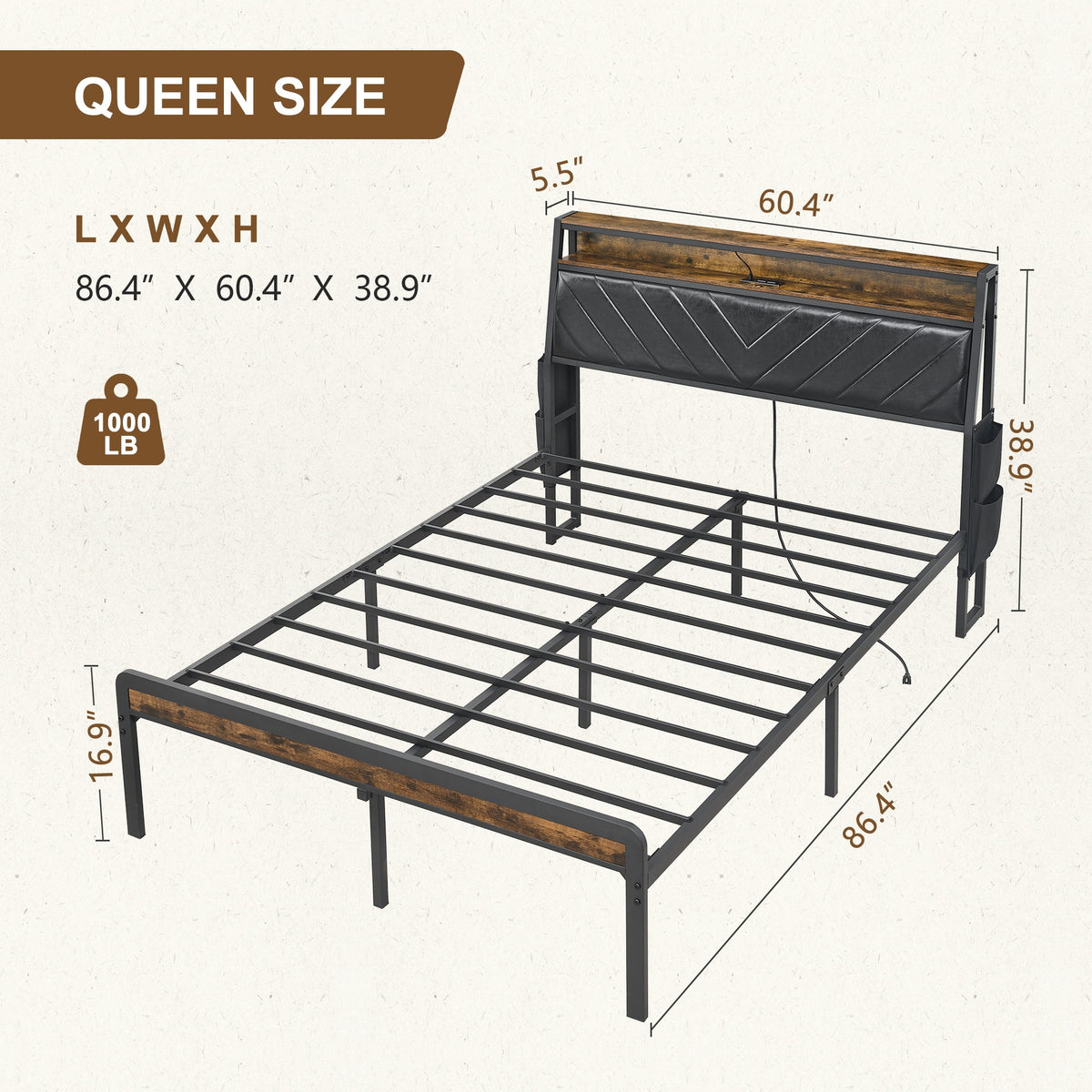 Queen size Platform Bed Frame with 105-Degree Tilted Upholstered Headboard, Charging Station, LED Lights, Noiseless, Black and Brown W1903P195268-djyc