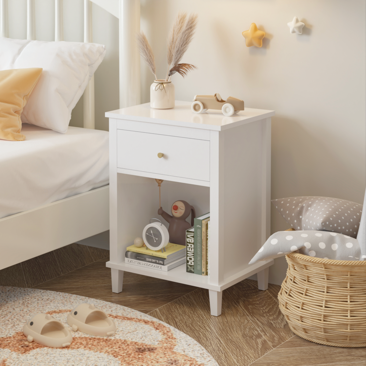 26.77''H Wooden Nightstand with One Drawer One Shelf for Kids, Adults, White W80859138-djyc