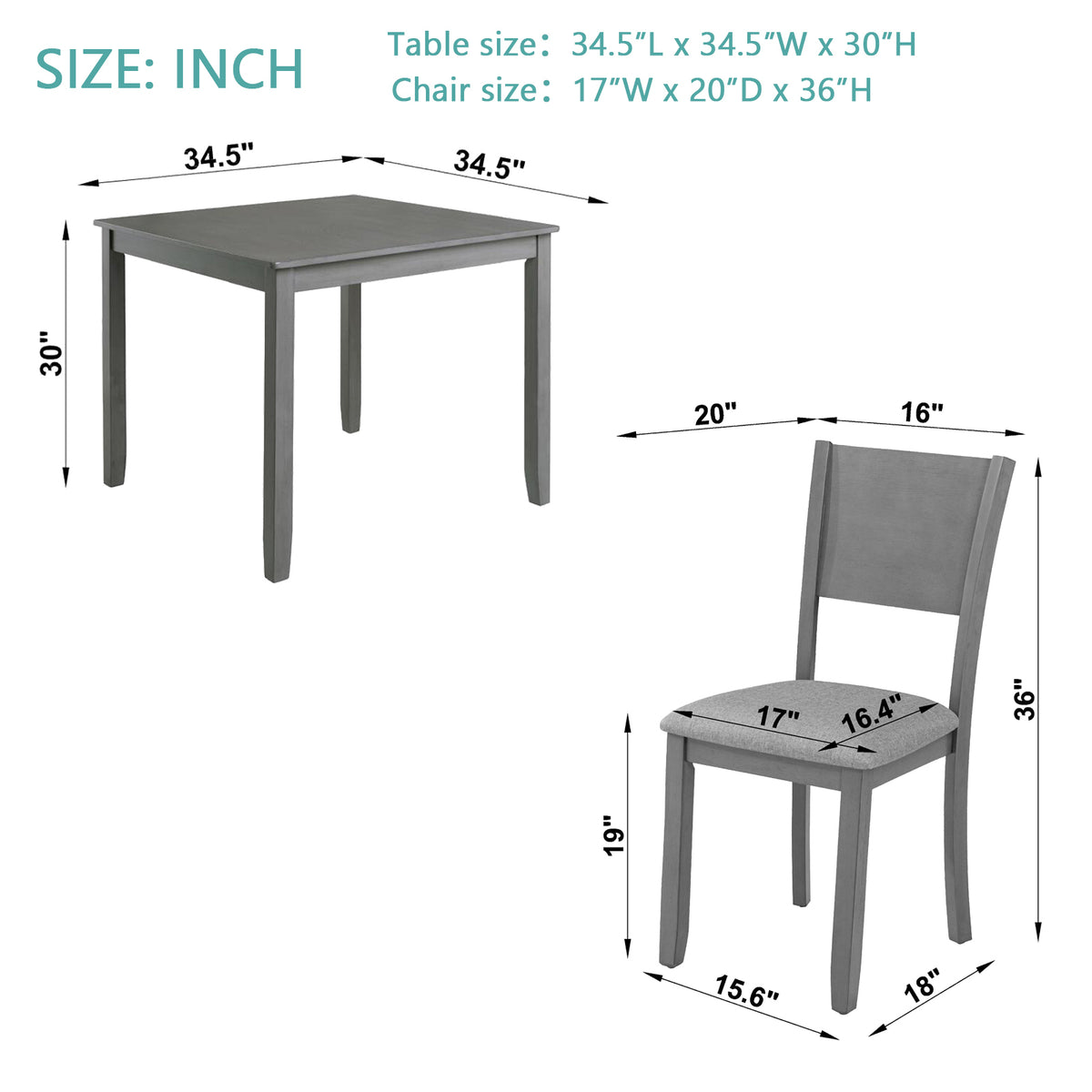 5 Piece Modern Dining Set, Square Wooden Dining Table with 4 Upholstered Chairs for Kitchen, Dining Room, Gray W1998S00056-djyc