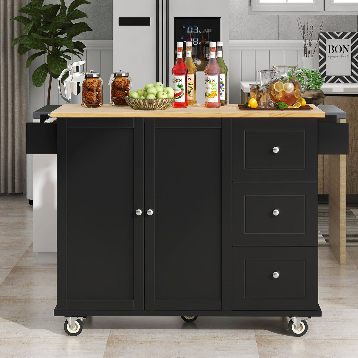 Rolling Mobile Kitchen Island with Solid Wood Top and Locking Wheels,52.7 Inch Width,Storage Cabinet and Drop Leaf Breakfast Bar,Spice Rack, Towel Rack & Drawer (Black) WF287035AAB-djyc