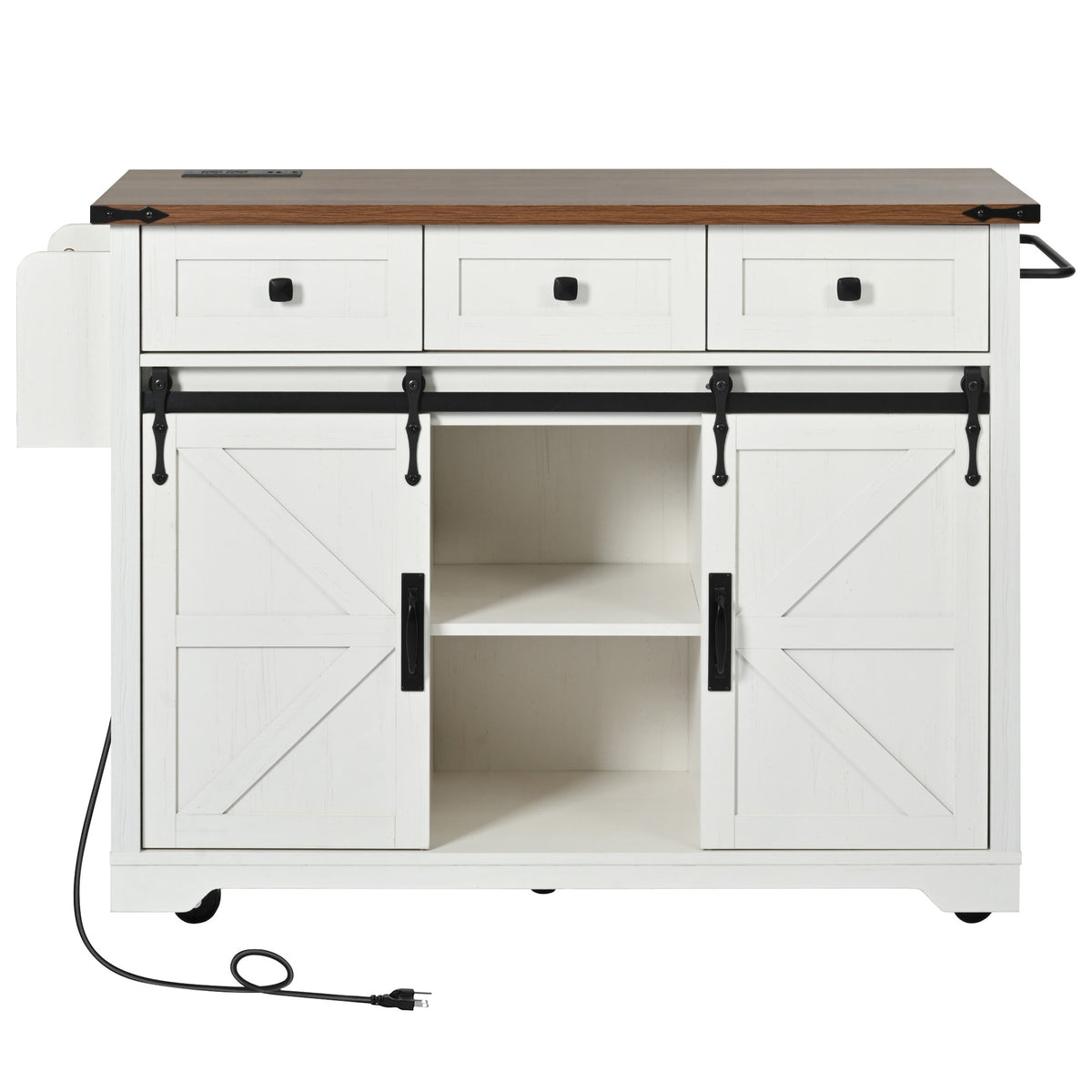 K&K 53.7" Farmhouse Kitchen Island with Power Outlet, 2 Sliding Barn Door Kitchen Storage Island with Drop Leaf, Spice Rack Rolling Kitchen Cart on Wheels, for Home, Kitchen and Dining Room, White N707P170347W-djyc