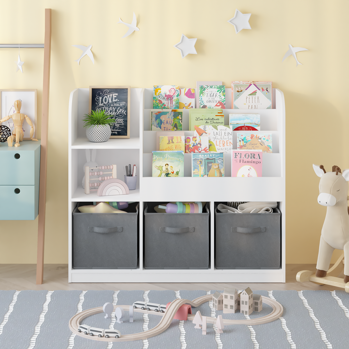 Kids Bookcase and Bookshelf, Multifunctional Bookcase with 3 Collapsible Fabric Drawers, Bookcase Display Stand, Toy Storage Organizer for Bedroom, Playroom, Hallway (White/Gray) W808127602-djyc